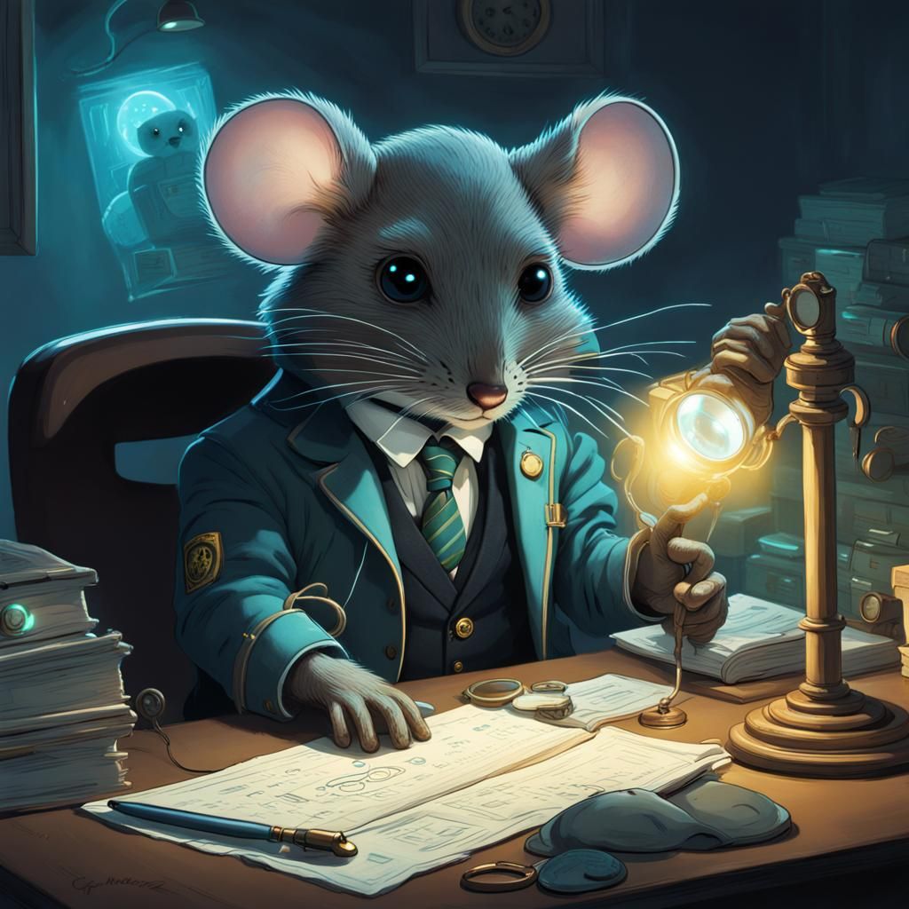 Bioluminescent Detective Mouse Examining Evidence