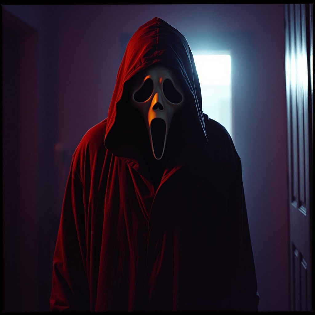 Eerie Ghostface Character in Dimly Lit Horror Scene