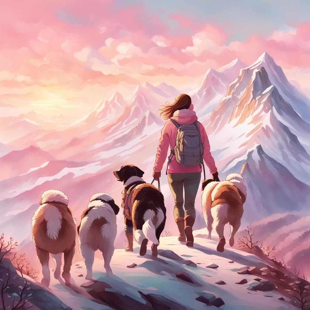 Pink Mountain Hike with St. Bernards: Watercolor Concept Art