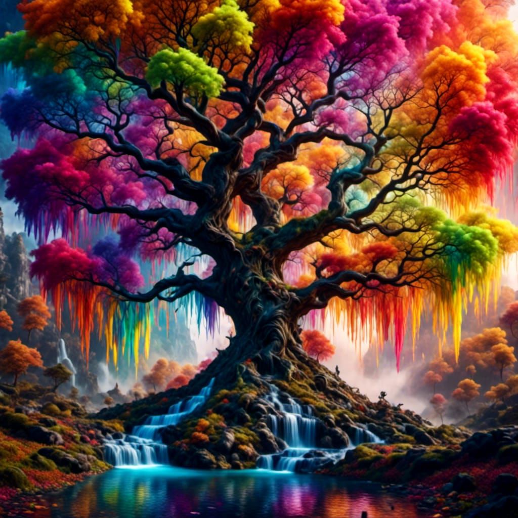 Rainbow Willow Tree by Waterfall in Splash Art