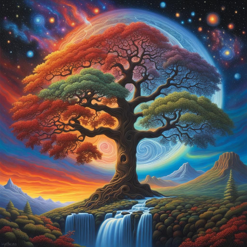 Cosmic Tree with Mythical Creatures and Aurora