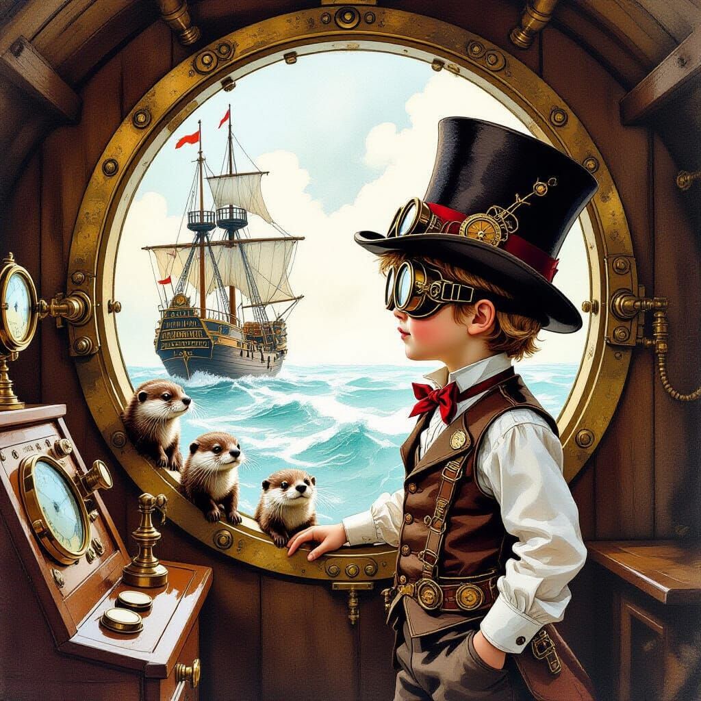 Steampunk Boy & Otters Aboard Ship in Storybook Style