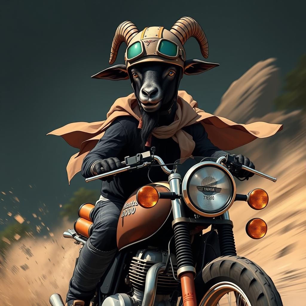 Majestic Goat Rides Yamaha in Anime Style