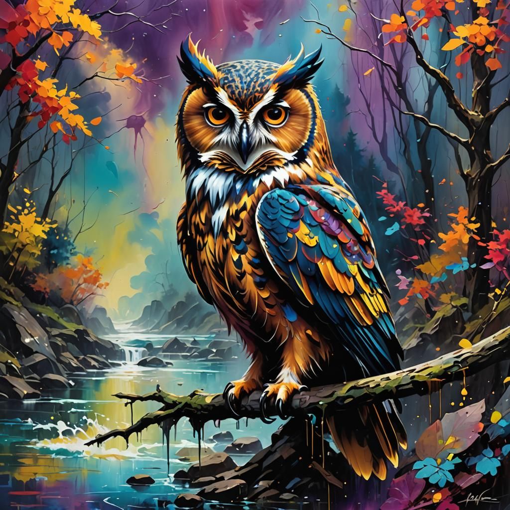 Owl in Landscape Splash Painting with Bold Colors