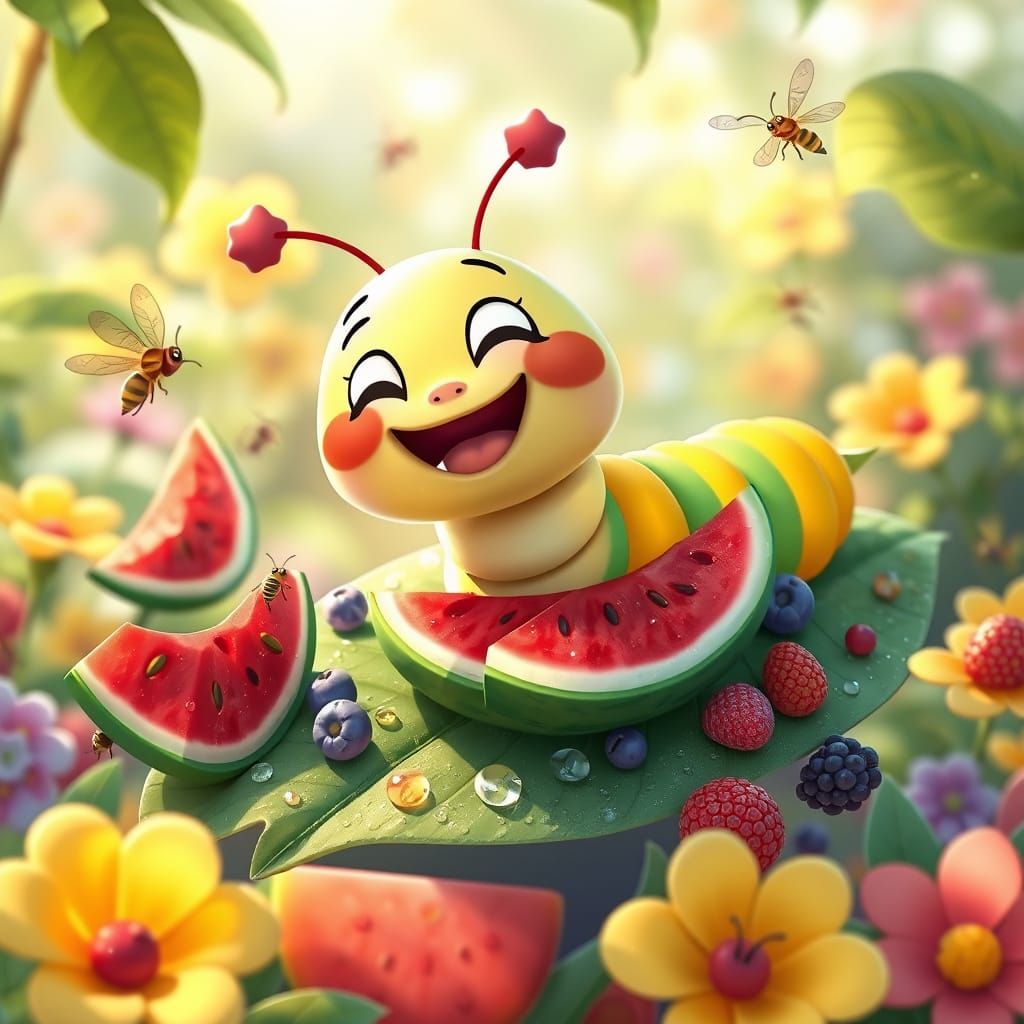 Joyful Caterpillar Wiggles Tastes Fruits in Anime Style