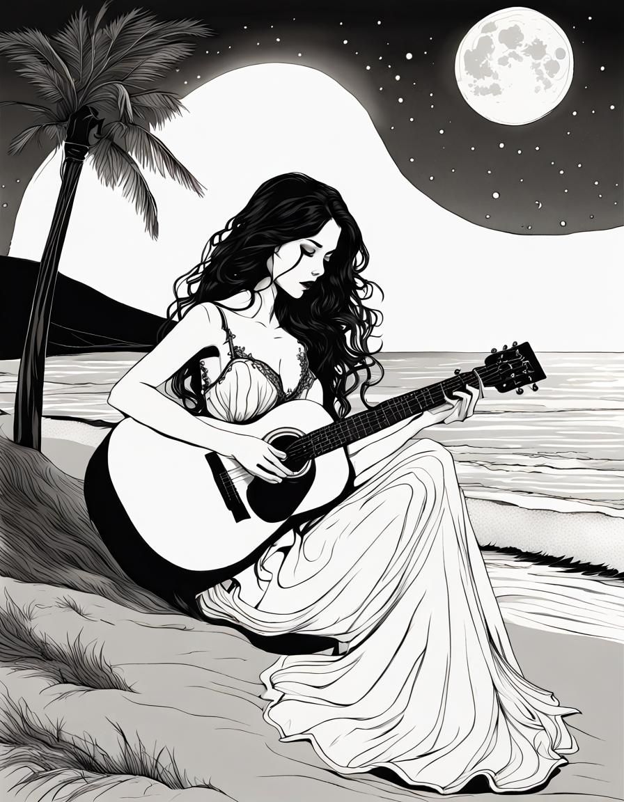 Line art, woman plays guitar.