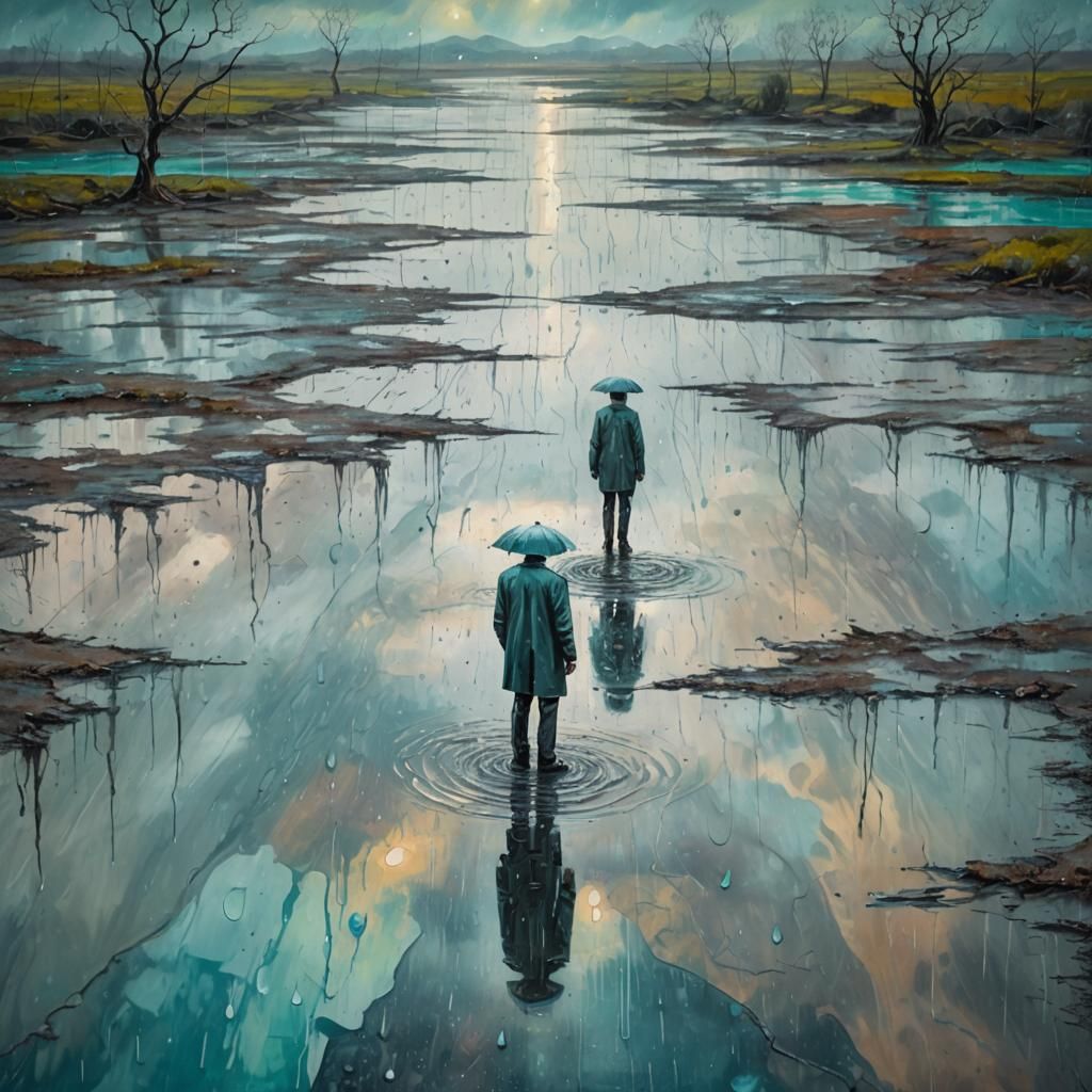 Dreamlike Figure in Rainy Surrealist Landscape