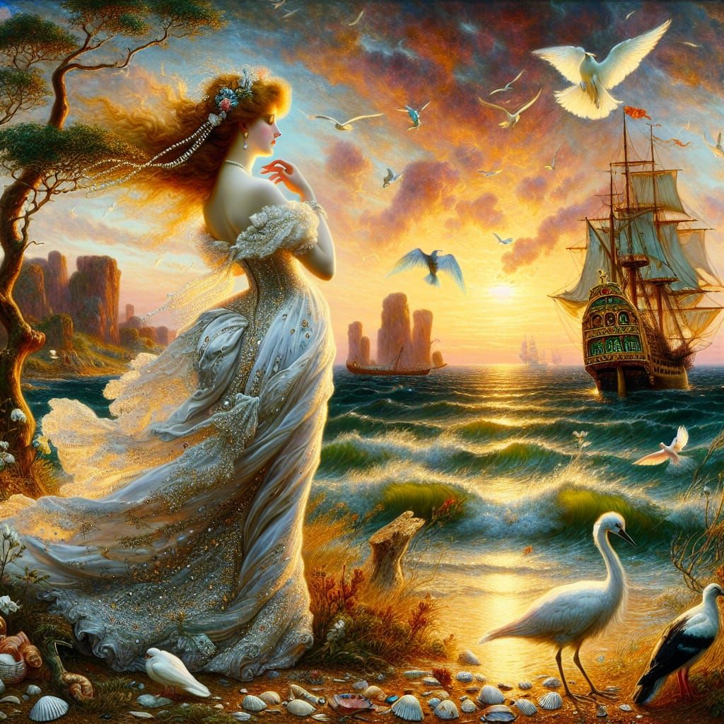 Elegant Maiden by Shore in Pre-Raphaelite Style