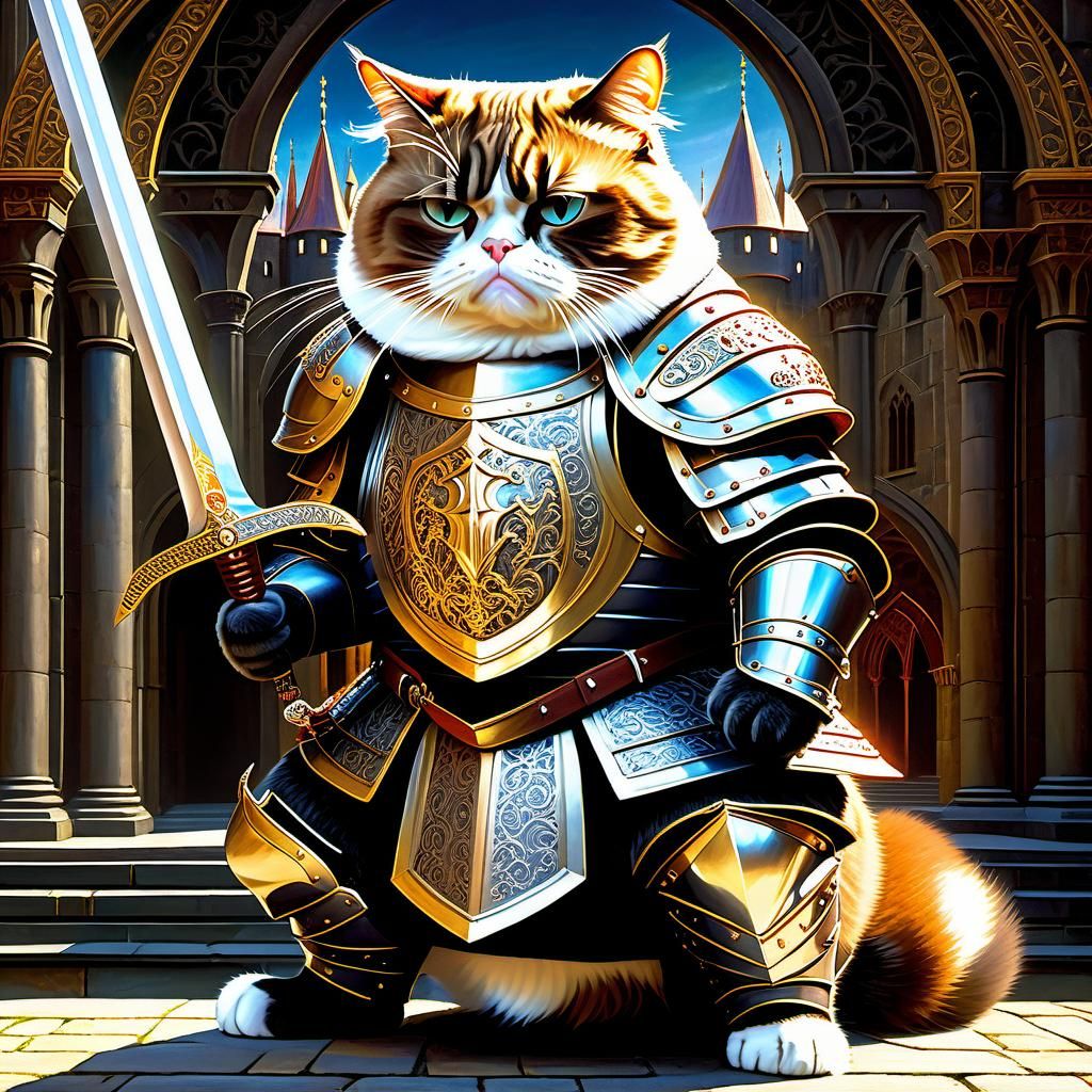 Armored Cat Wields Sword in Majestic Castle