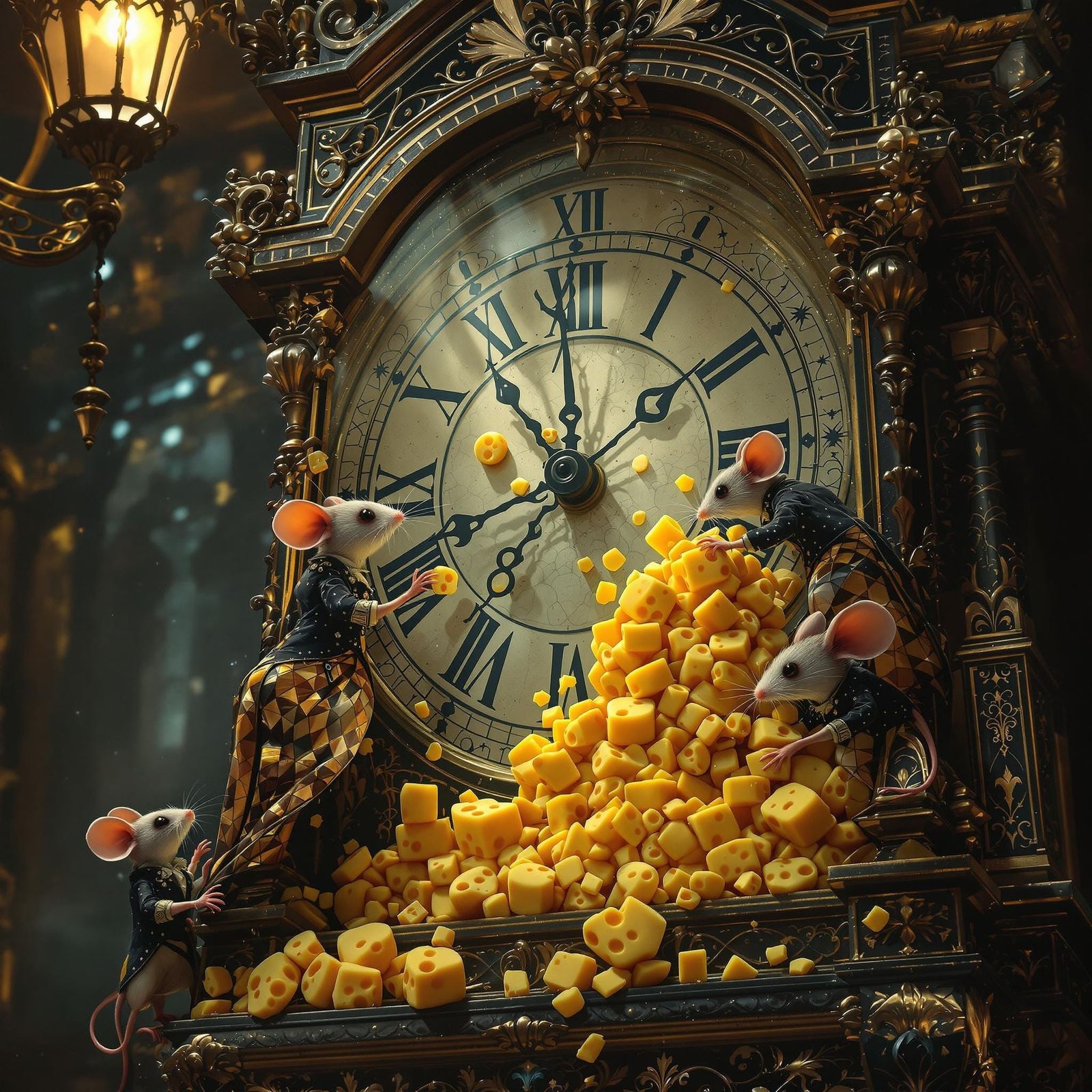 Victorian Mice Scale Cheese Clock, Fantasy Art