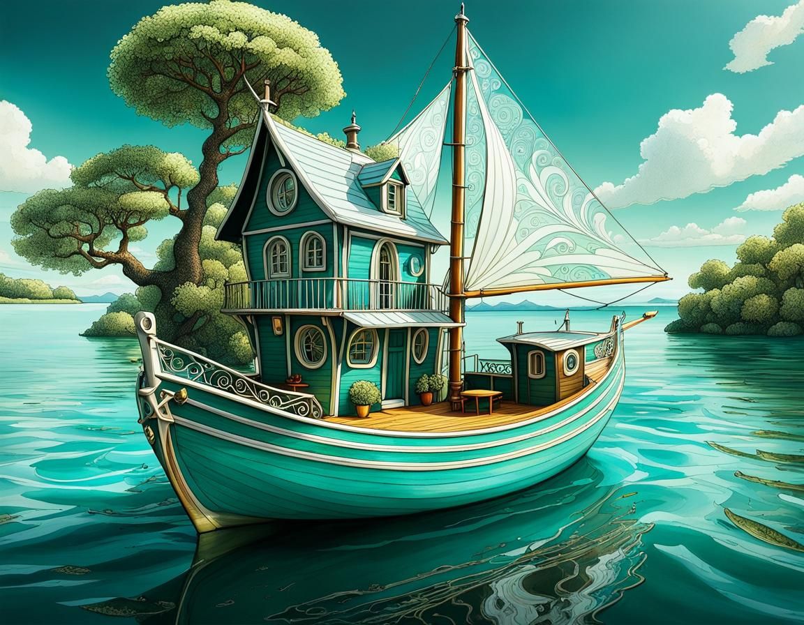 Tiny Houseboat in Blissful Seas: Surrealist Art