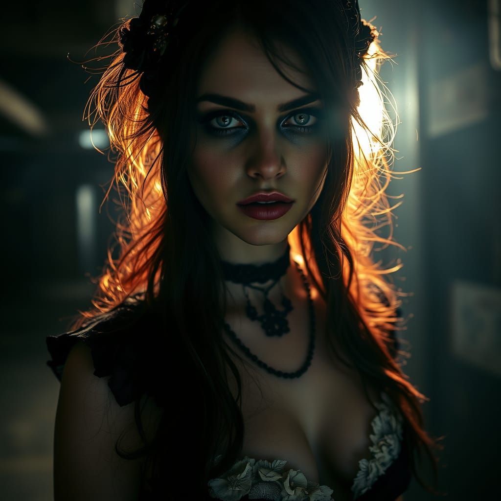 Mysterious Gothic Siren in Dark Industrial Haze