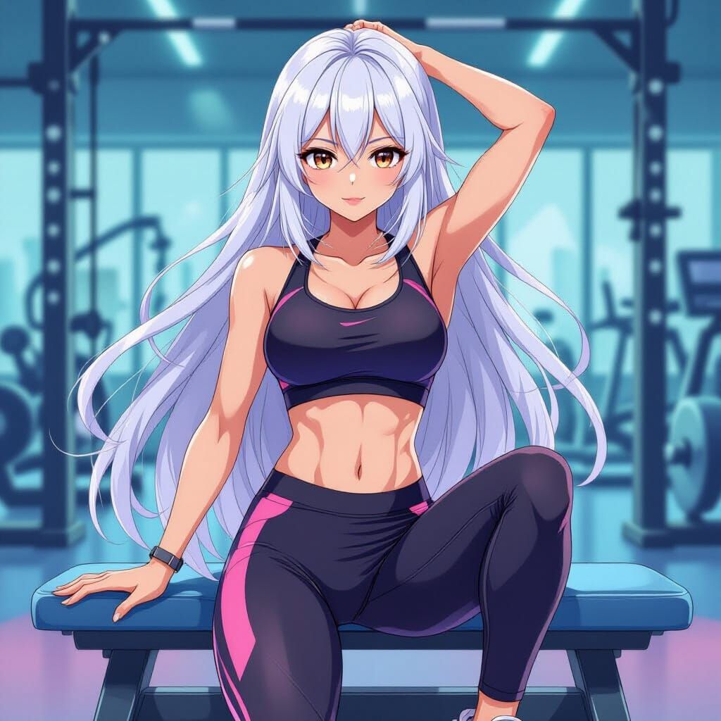 Anime Girl Exercising at Gym in Pastel Colors