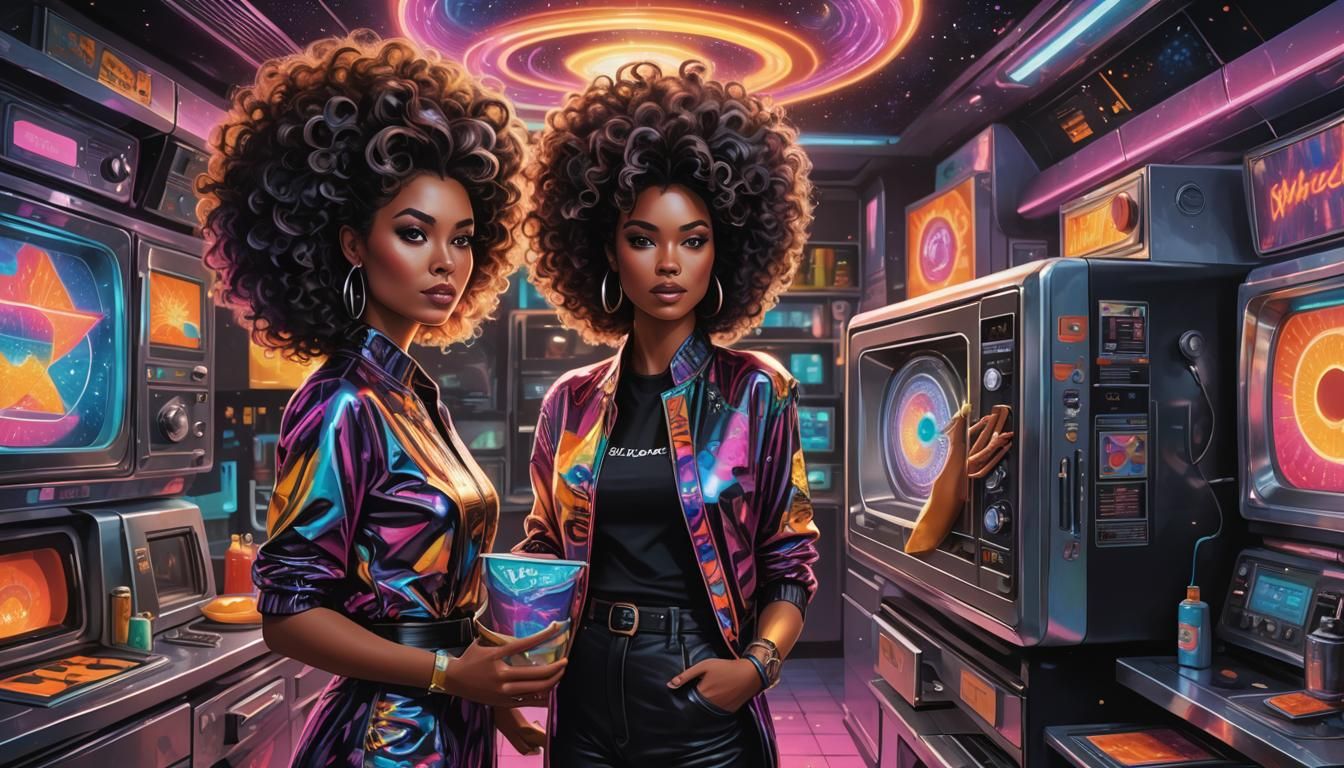 Retro Woman with Black Hole Microwave, Cosmic Art