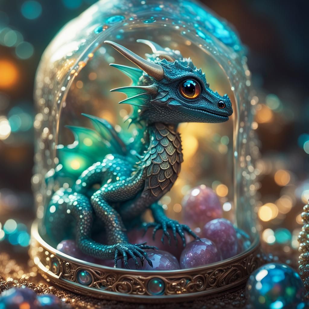 Baby Dragon with Iridescent Scales and Glass Jewelry