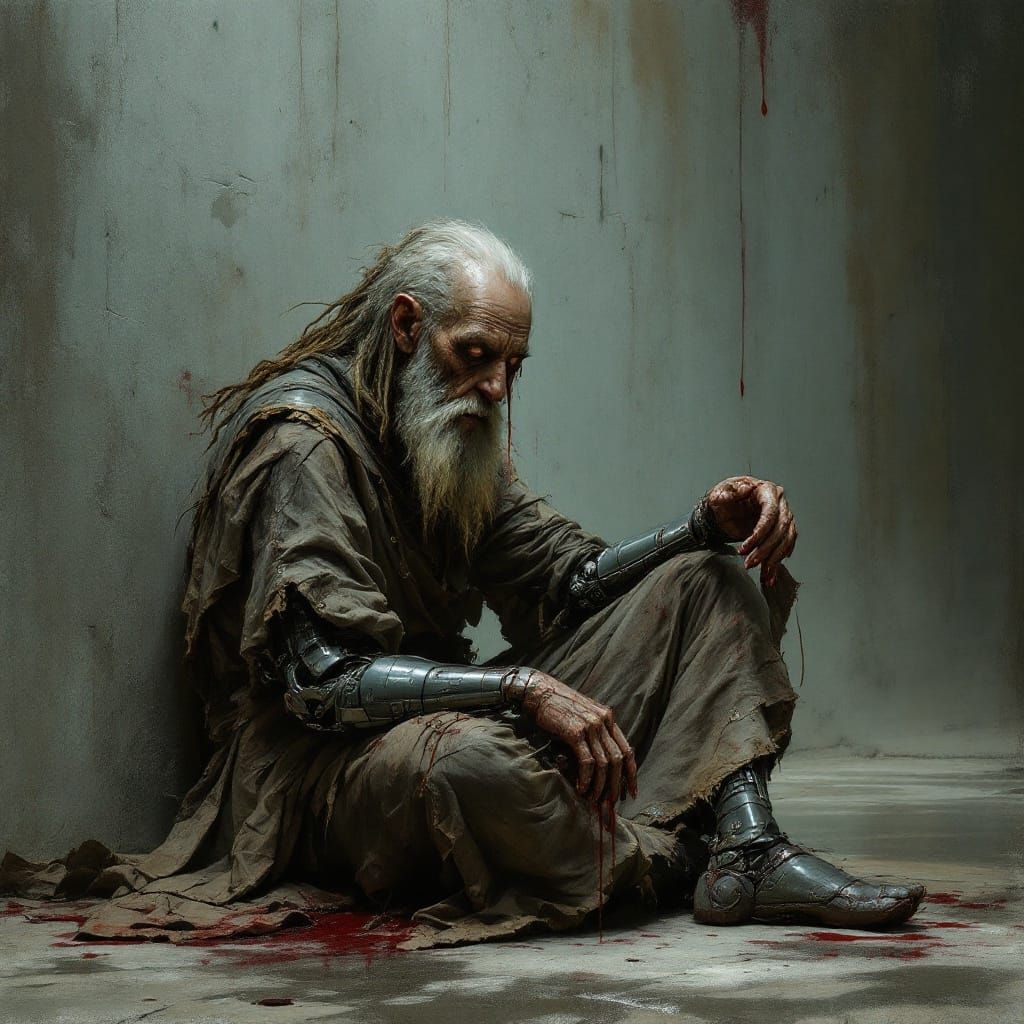 Cyberpunk Rastafarian Beggar with Robotic Arm in Dystopian R...