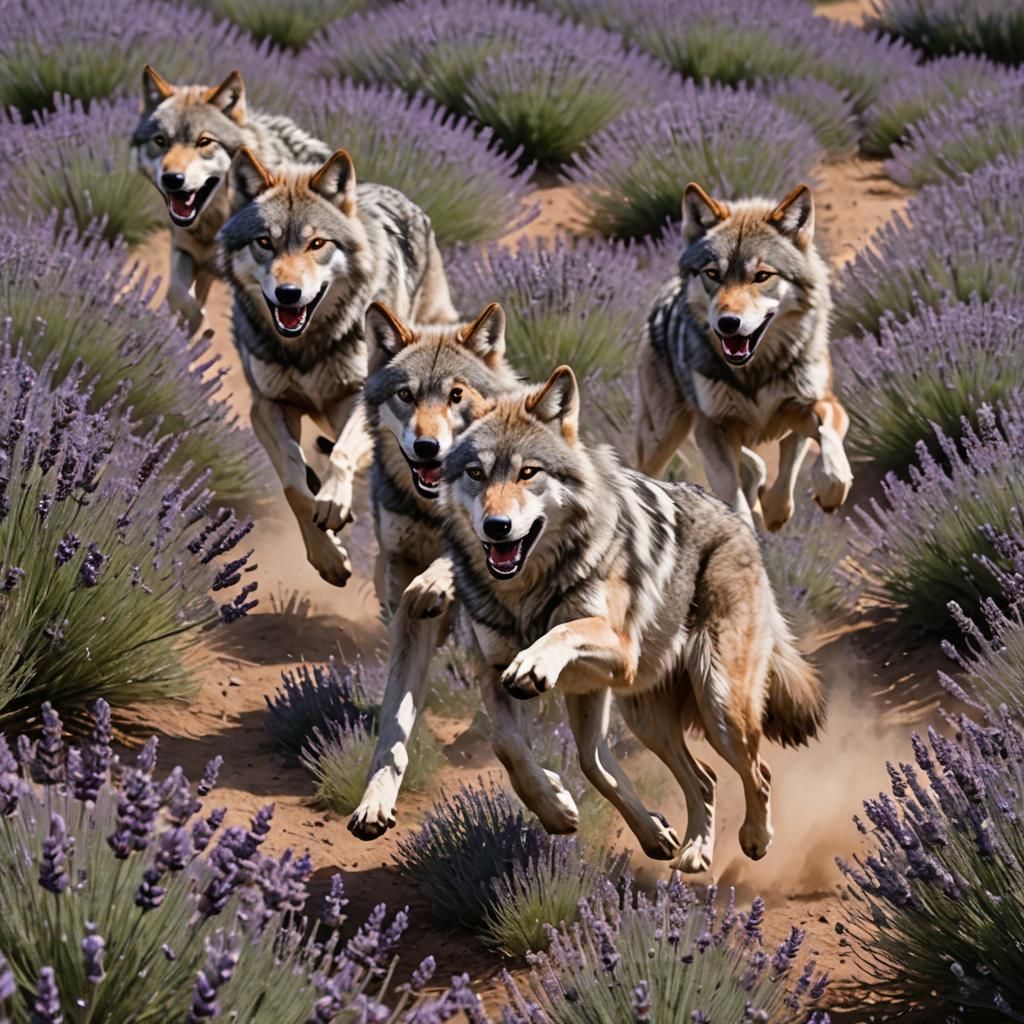 Wolf shifters in wolf form running through a field of lavender.