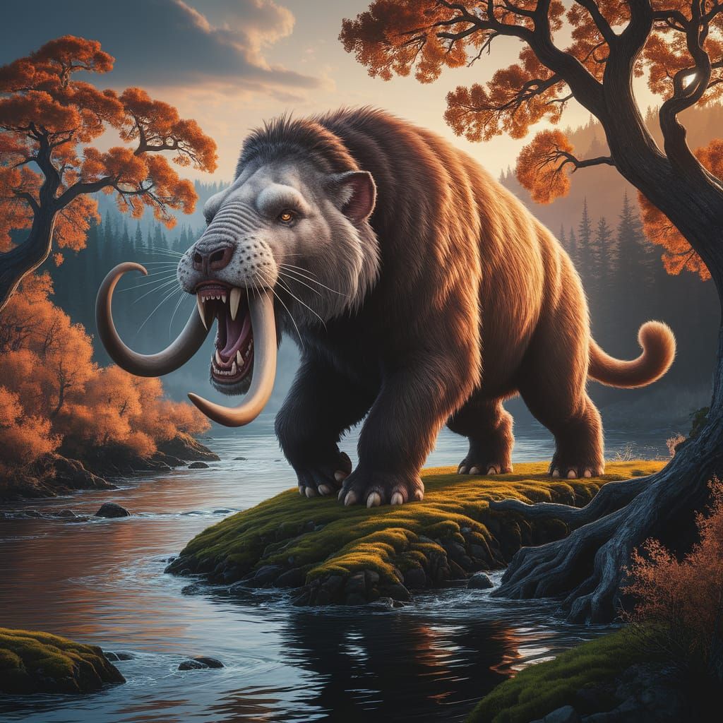 Majestic Sabertooth-Mammoth Roars in Forest River: Digital A...