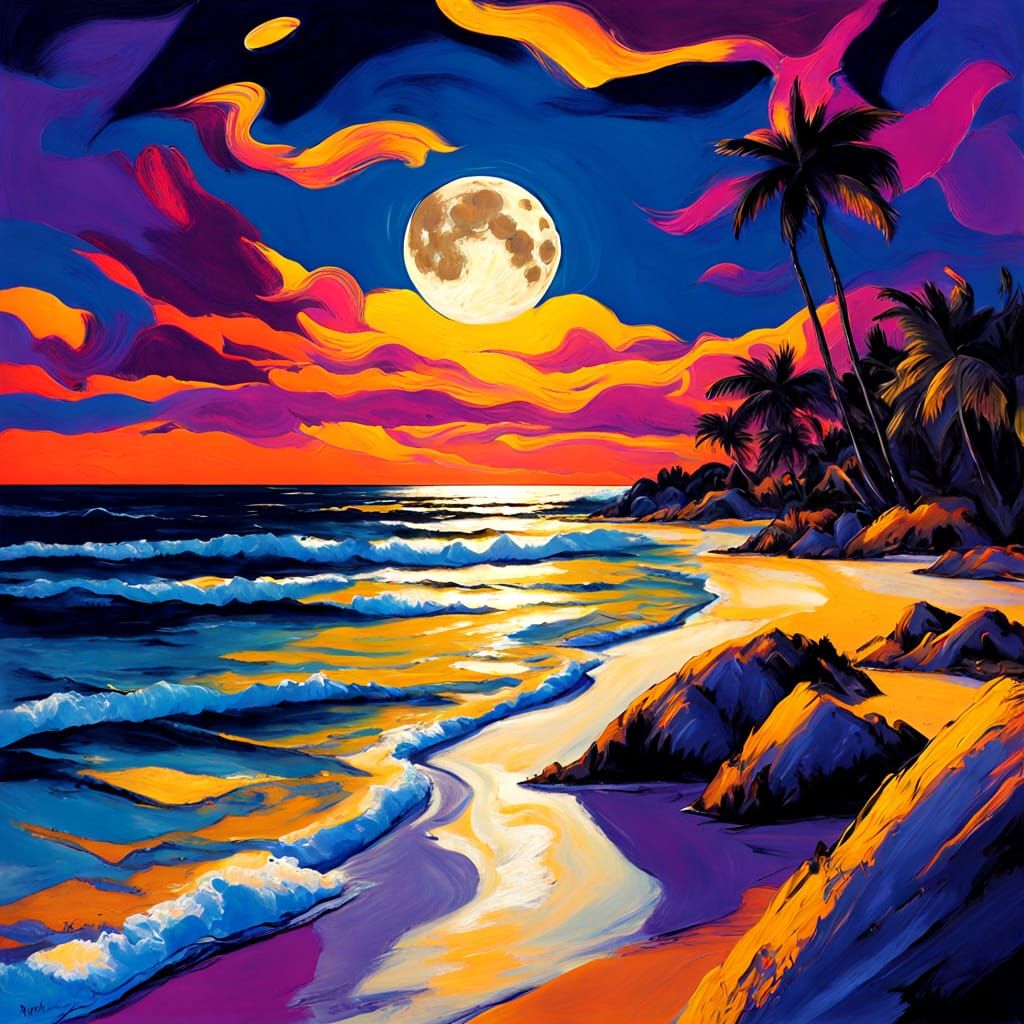 Vibrant Fauvist Beach Scene Under Moonlight