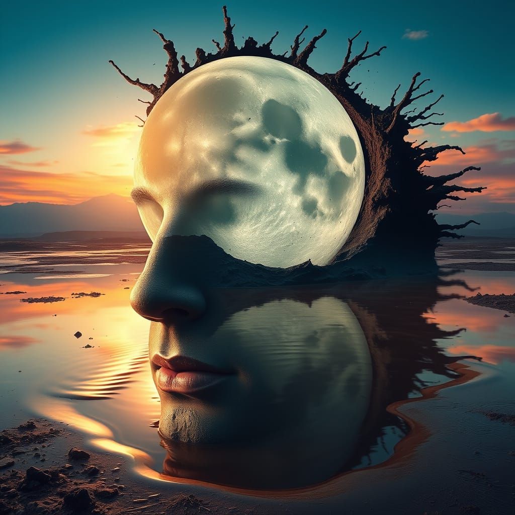 A Hyperrealistic Moonlit Face Emerging from a Luminous Mud P...
