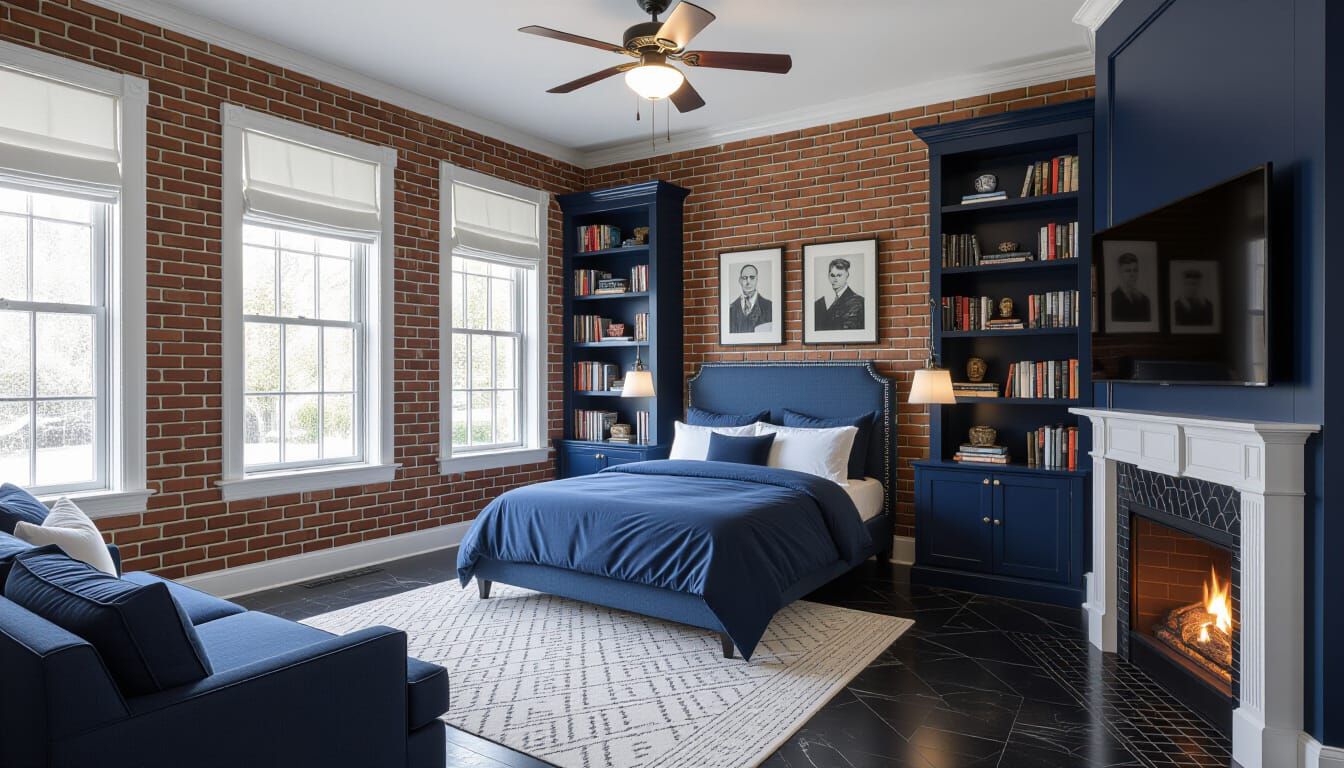 Victorian Bedroom with Snowy Views and Fireplace