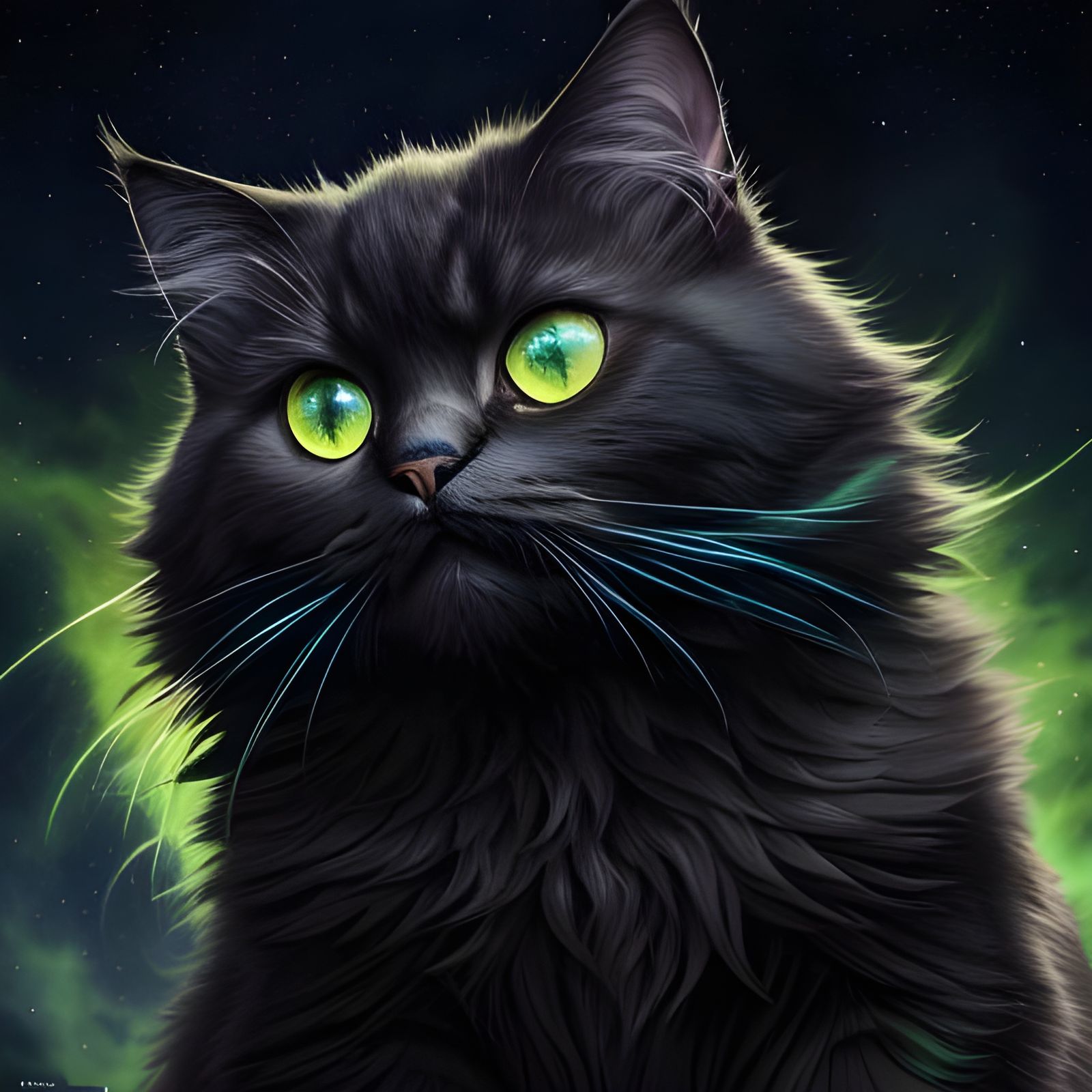 Fluffy Siberian Cat with Bioluminescent Star Background