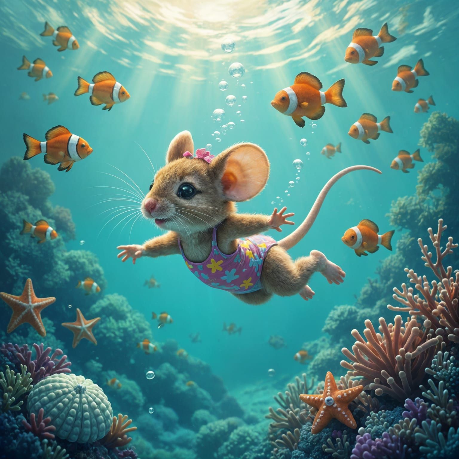 Mouse Discovering Underwater Fantasy Landscape