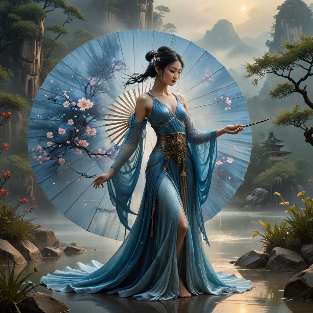 Midnight Rain Fairy Amidst Serene Chinese Landscape