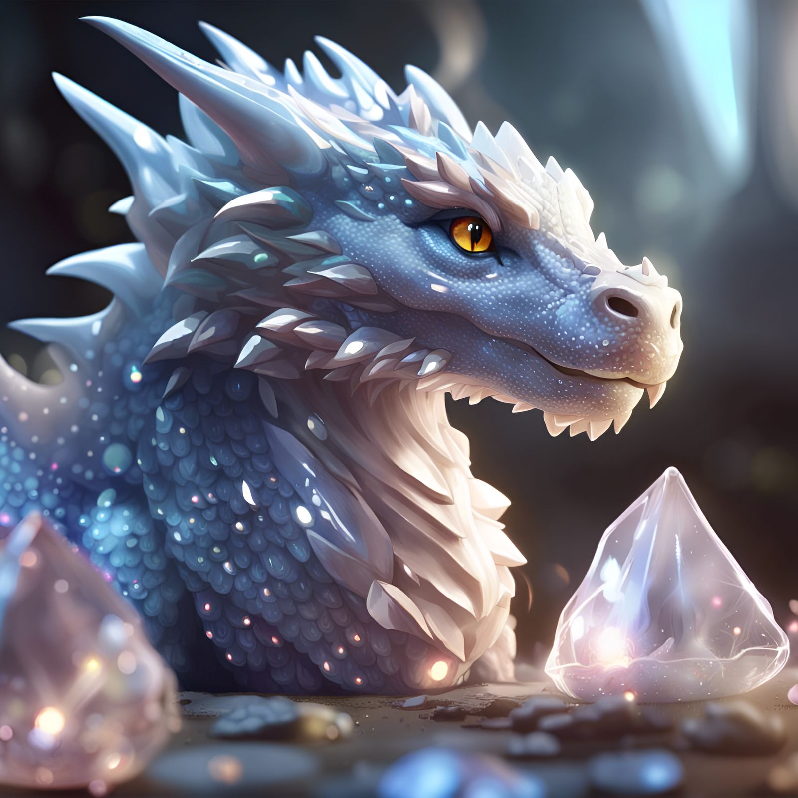 Adorable Crystal Dragon Sitting, Hyperrealistic CGI Art