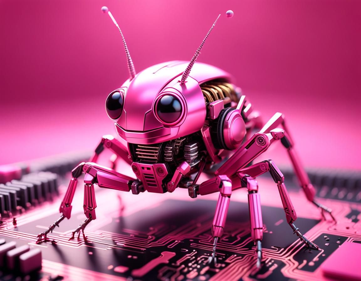 Pink Cricket Robot on Circuit Board in Sci-Fi Style