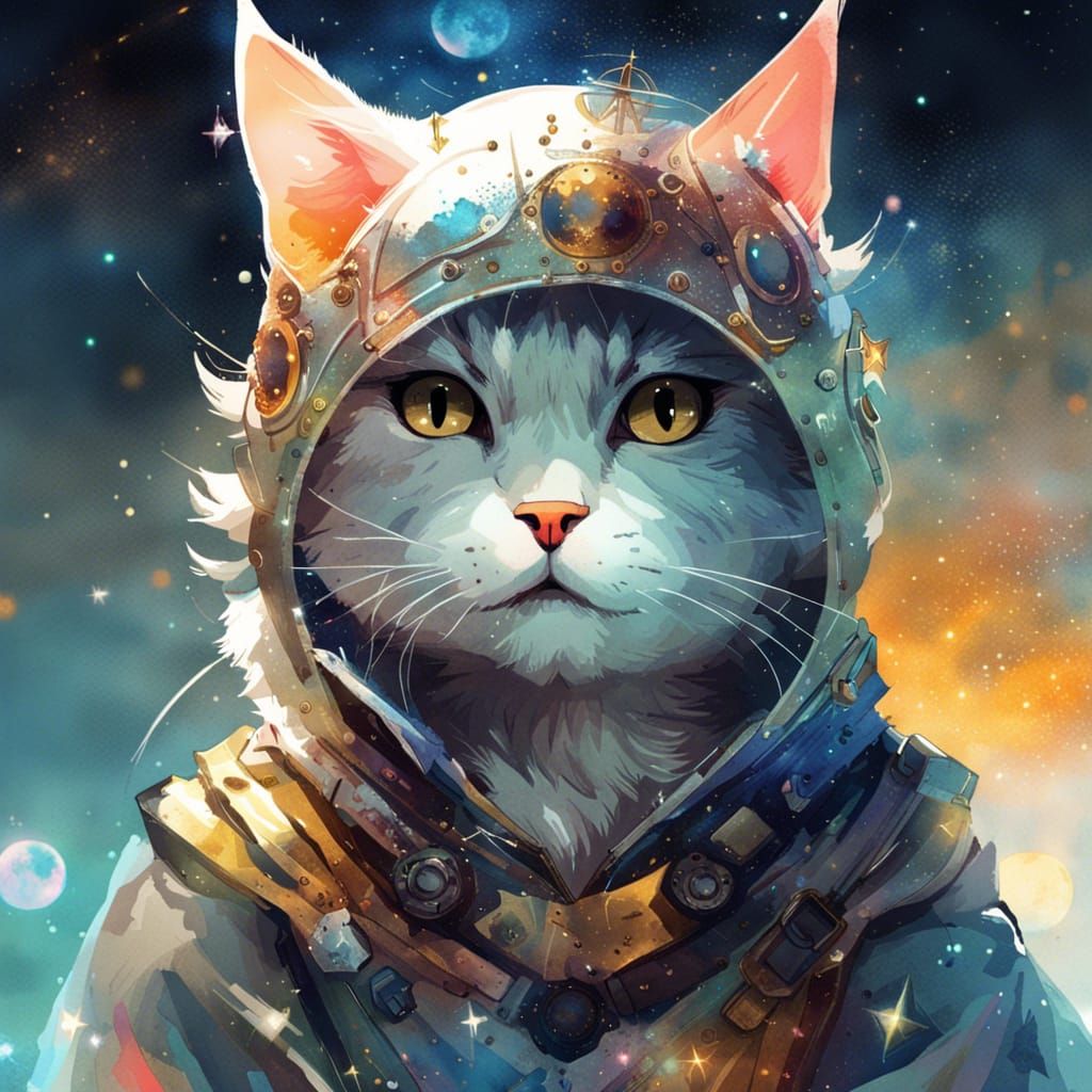 Anime Cat King Portrait in Watercolor Style