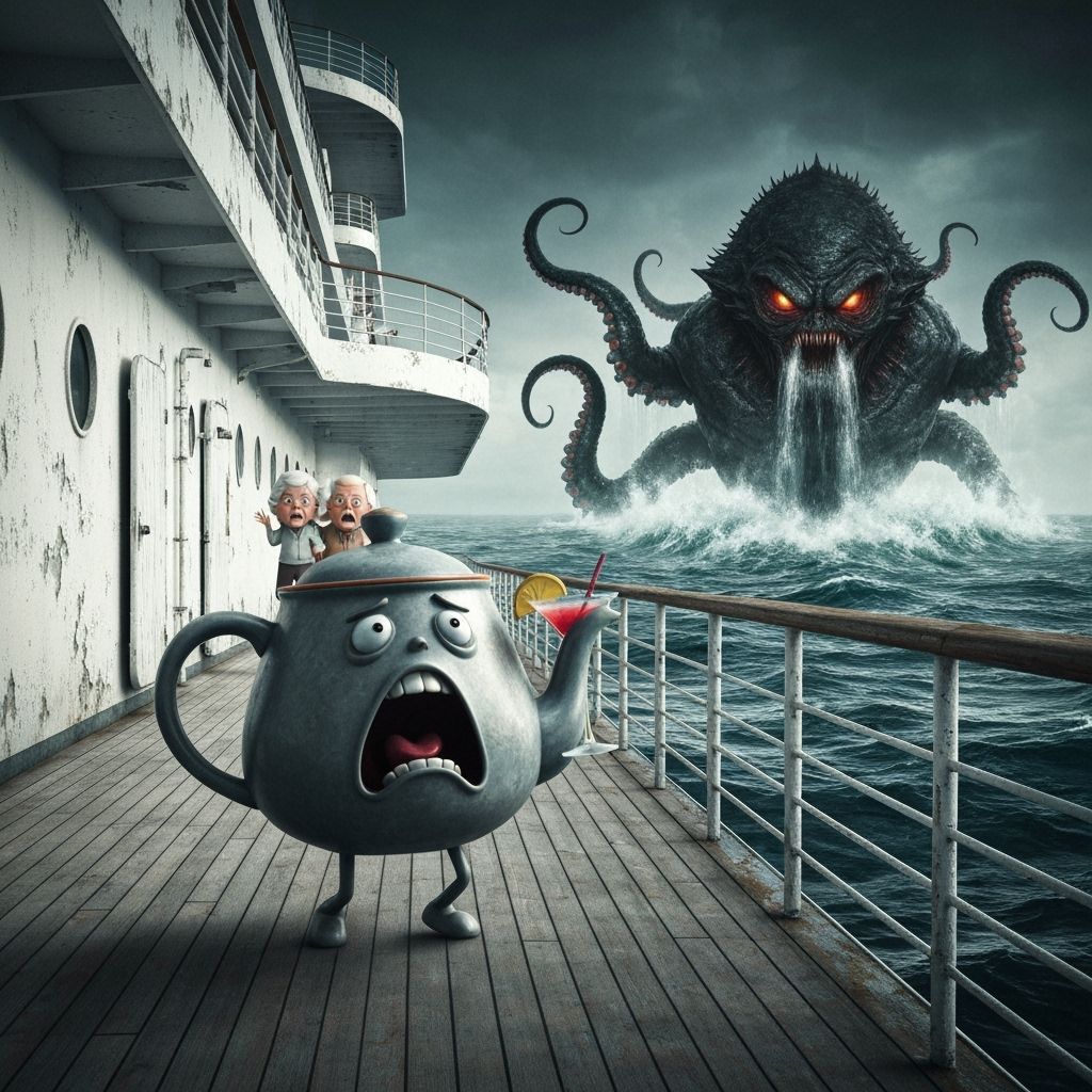 Teapot's Terror: Kraken Attack in Dystopian Monochromatic Sc...