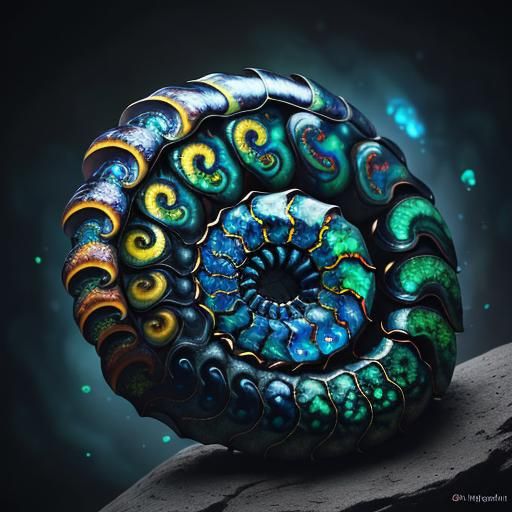 Opalized Ammonite Fossil in Surreal 3D Style