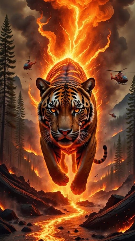 Tiger in Lava Apocalypse with Burning Forest
