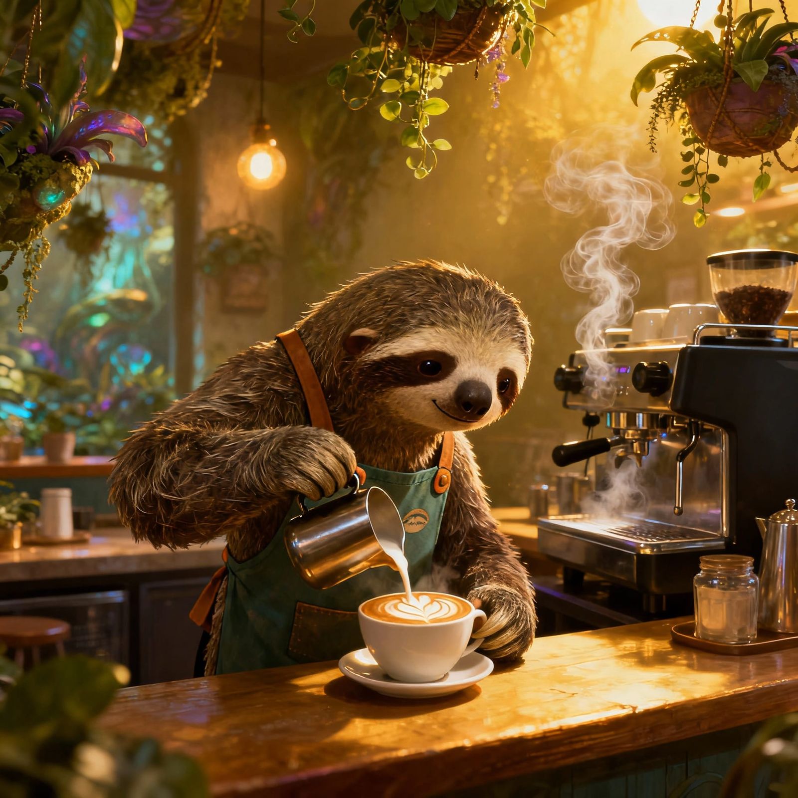 Sloth Barista Pours Latte Art in Cozy Fantasy Café