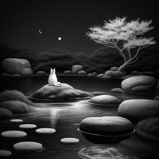 Monochrome Zen Garden with Lady and Cat
