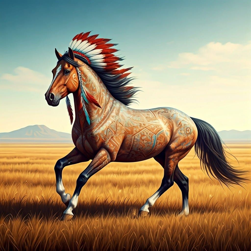 Feathered Mustang Horse Running on Plains