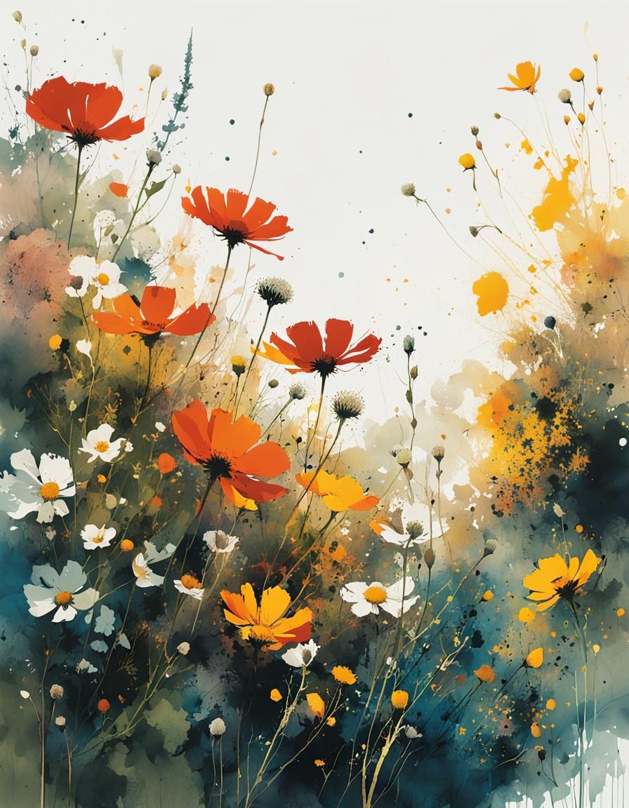 Intricate Wildflowers with Ink Splatter Art