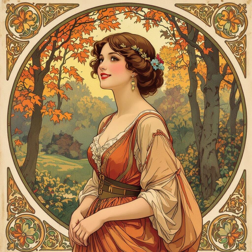 Elegant Woman in Autumnal Landscape, Art Nouveau Style