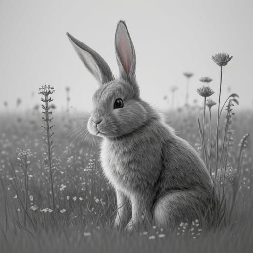 Hyperdetailed Charcoal Rabbit in Wildflower Field