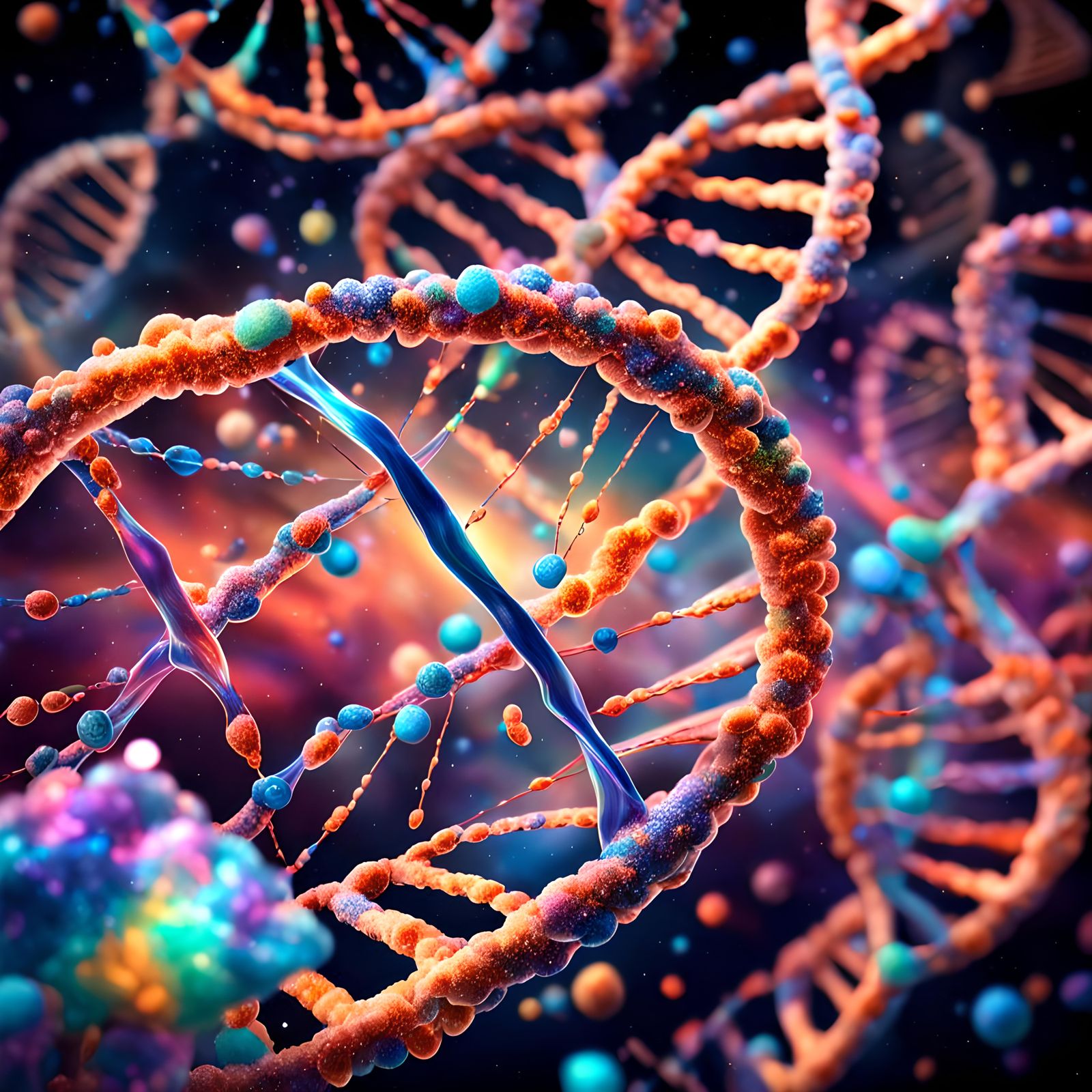 DNA Strand Breaking Apart into Space: Hyperrealistic Illustr...