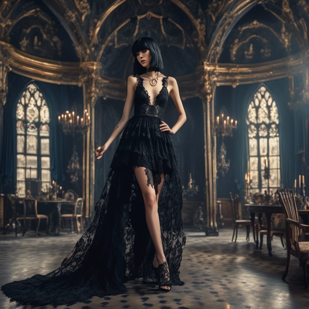 Gothic Woman in Lace Dress with Black Panther