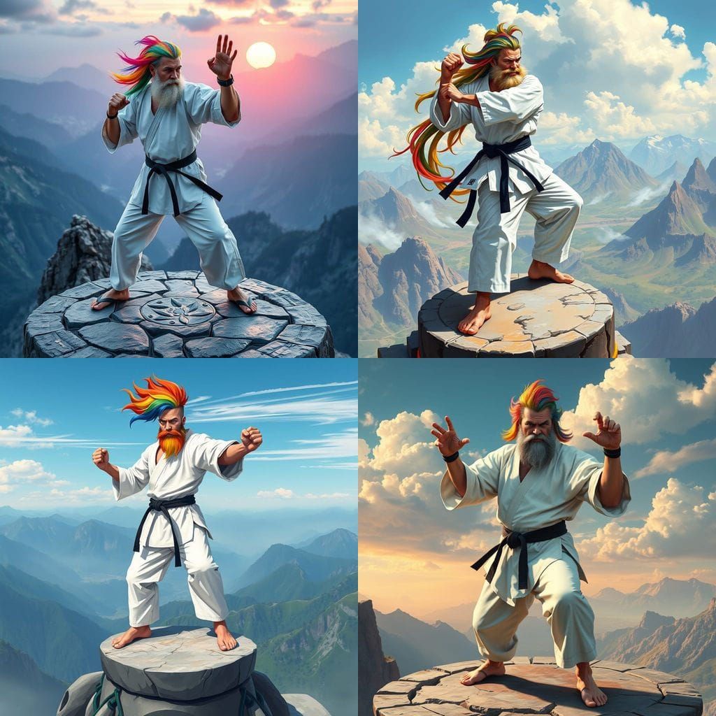 Rainbow-Haired Karate Master on Mountain Top