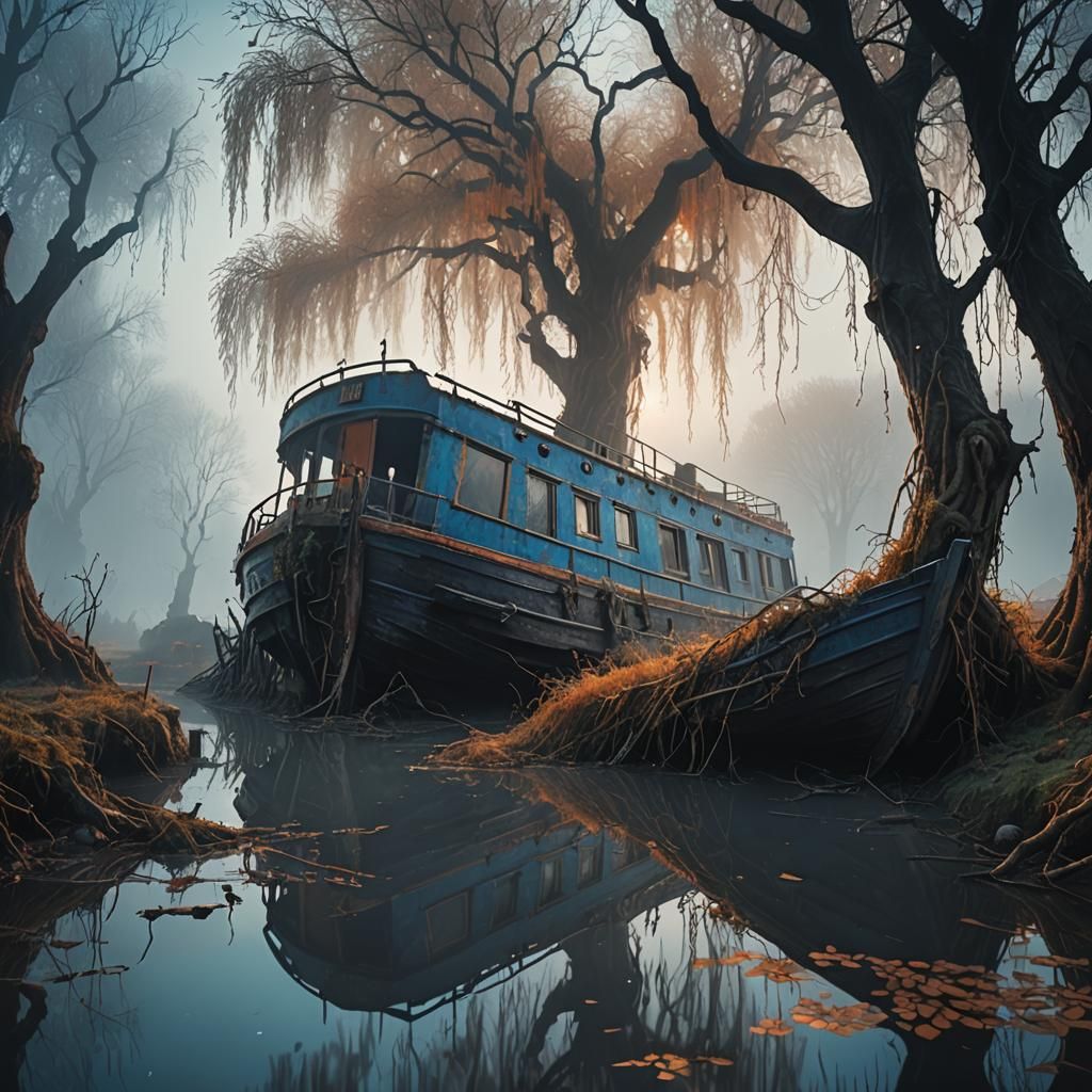 Eerie Canal Boat in Dark Fantasy Style