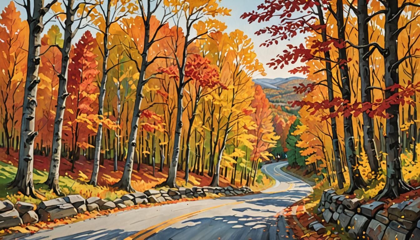 Vermont Road in Indian Summer: Gouache Impressionism