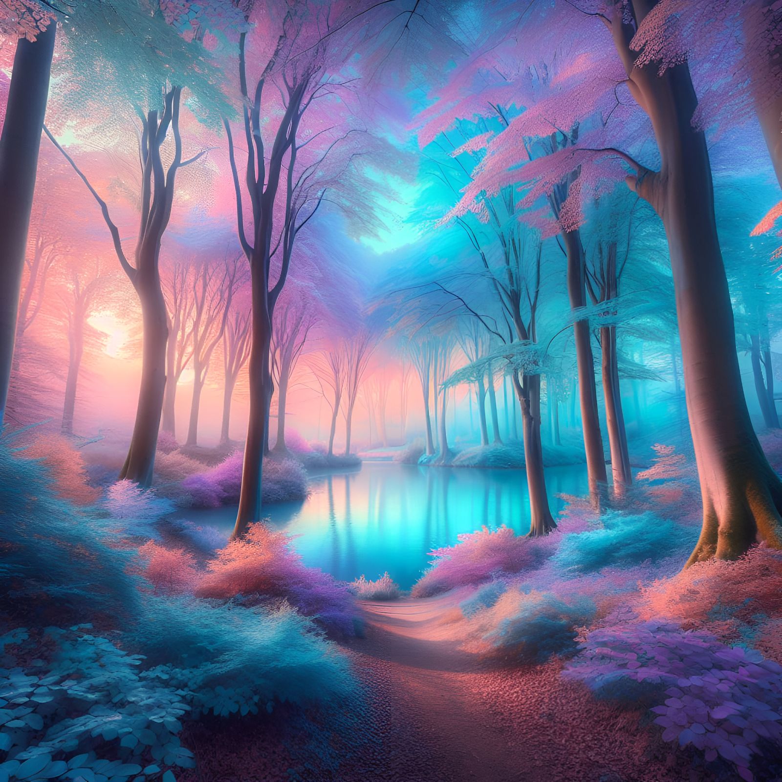 Beautiful pastel background fantasy forest, background lake, background sky, path