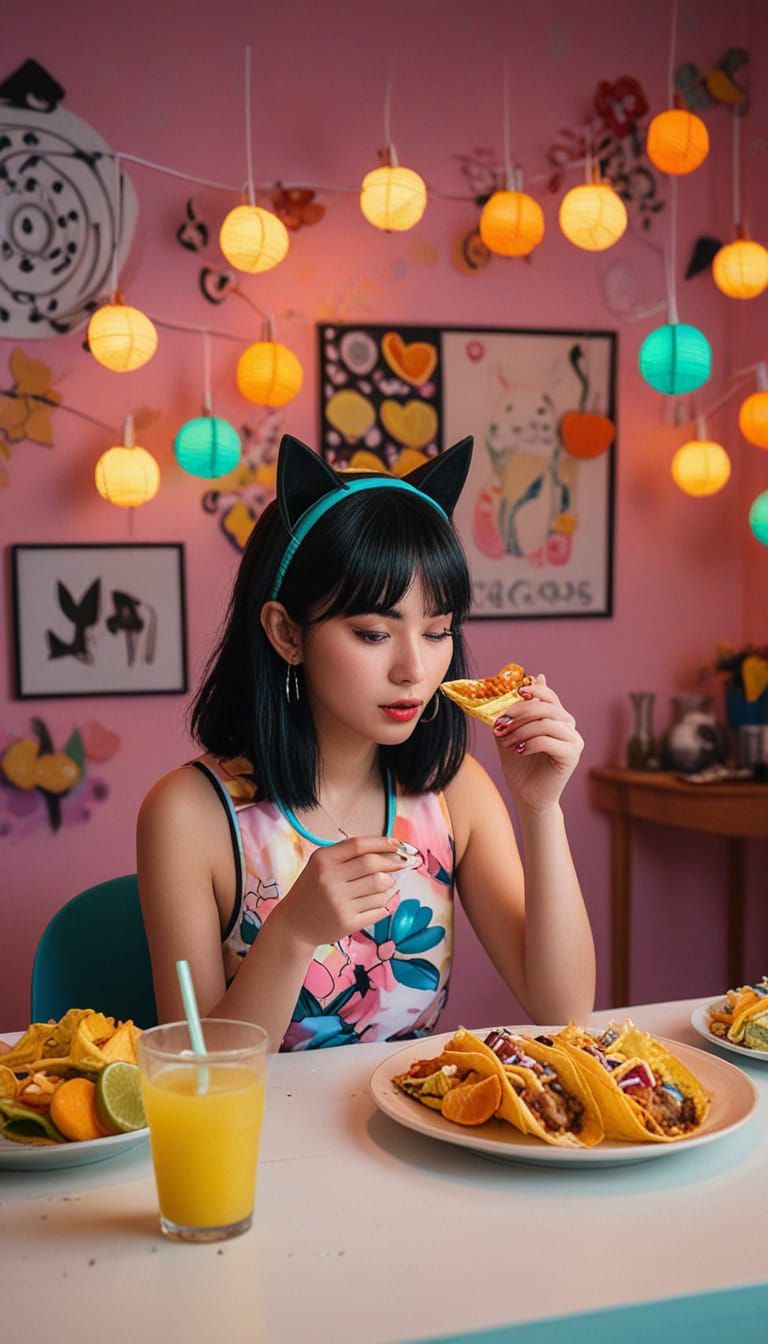Vibrant Kawaii Girl Enjoying Tacos in a Dreamy, Low-Poly Ani...