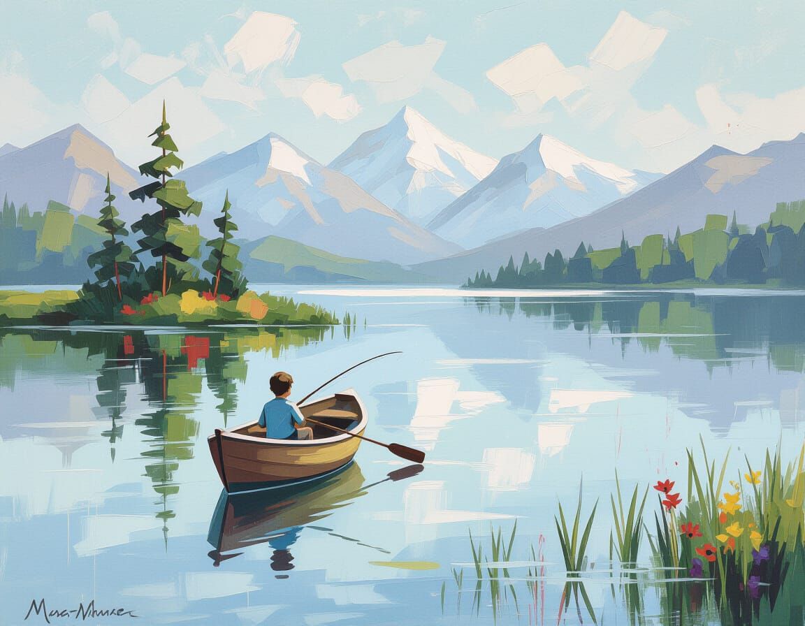 Boy Fishing in Lake: Abstract Pastel Painting
