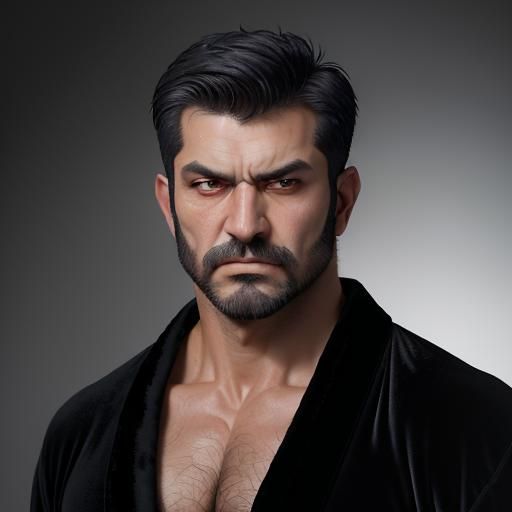 Sad Hunk in Black Velvet Robe: Impasto Portrait