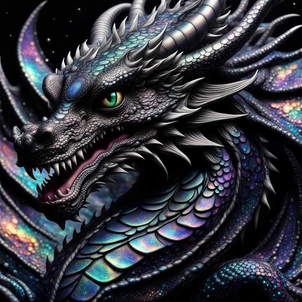 Cosmic Black Dragon with Iridescent Scales